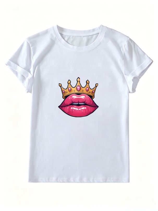 Women Summer Crew Neck Short Sleeve T-Shirt, Glossy Pink Lips Golden Gem Crown Graphic Print Casual White Loose Trendy Streetwear Tee Top_ecoleips.com