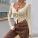 Women's Clothing Women's Slim Fit V Neck Knotted Knitted Top Autumn Winter Fashion Short Long Sleeve Super Short Top_ecoleips.com