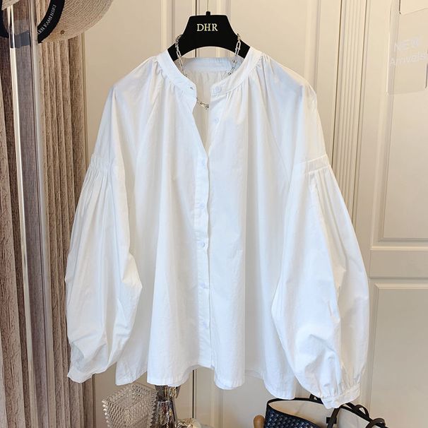 Women's Clothing Retro Pleated Puff Sleeve Loose V Neck Shirt_ecoleips.com