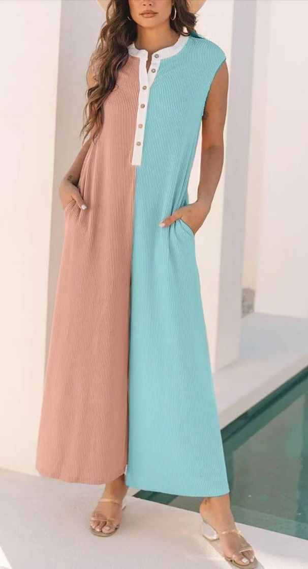 Women's Clothing Summer Style Women's Relaxed Wide Leg Jumpsuit Sleeveless Color Block Loose Fit Long Pants_ecoleips.com