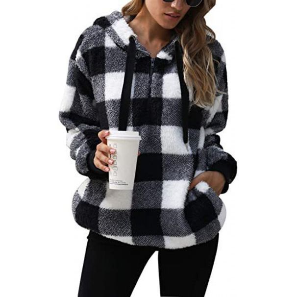 Fur-Lined Jacket For Autumn/Winter Season, Long-Sleeved With Hood, Checkered Pattern, Plush-Fur Women's Hoodie_ecoleips.com