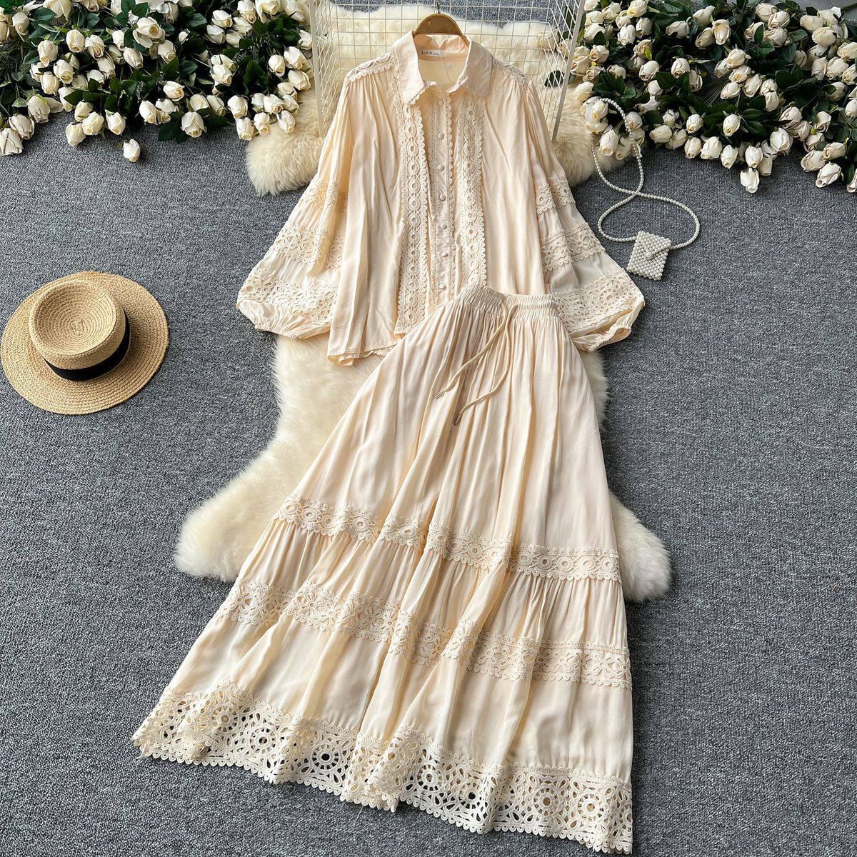 Women's Clothing Age Reducing Suit High Grade Hollow Lace Splicing Lantern Long Sleeved Shirt High Waisted Slim Fitting Skirt_ecoleips.com