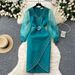 Women's Clothing Fashionable Heavy Beaded V Neck Mesh Splicing Long Skirt_ecoleips.com