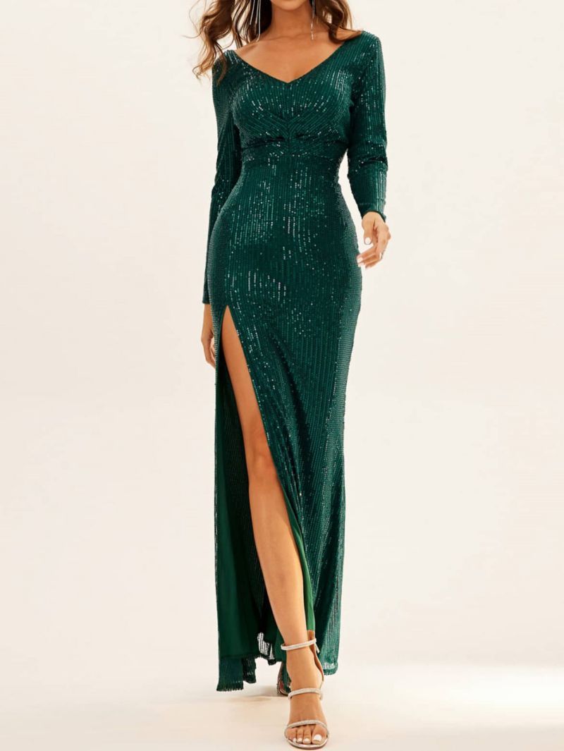 Women's Clothing V Neck Sexy Long Sleeved Evening Dress Party Slit Dress Temperament Dress Slim Fit_ecoleips.com