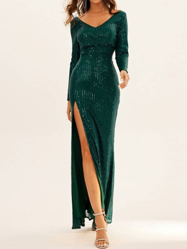 Women's Clothing V Neck Sexy Long Sleeved Evening Dress Party Slit Dress Temperament Dress Slim Fit_ecoleips.com