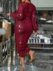Elegant Plus Size Evening Dress With V-Neck & Sequins, Long Sleeve Party Gown For Women, Fall & Spring Formal Wear_ecoleips.com