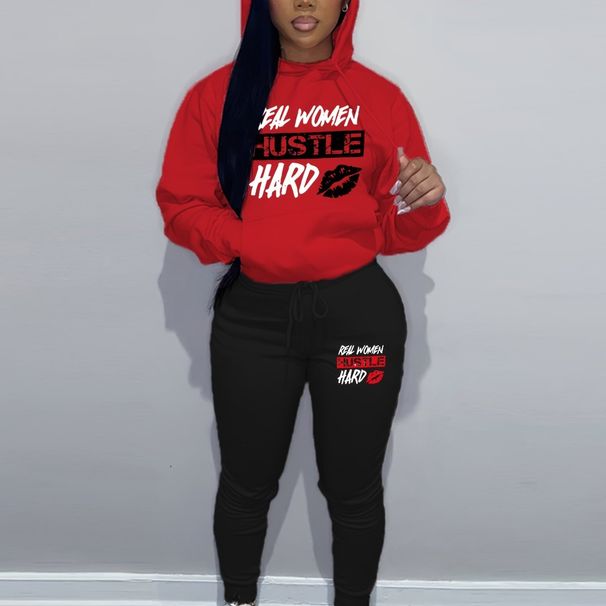 Women's Autumn And Winter Fashionable Casual Lip Print Letter Print Thick Suede Warm Hooded Sweatshirt+sports Pants Set-812_ecoleips.com