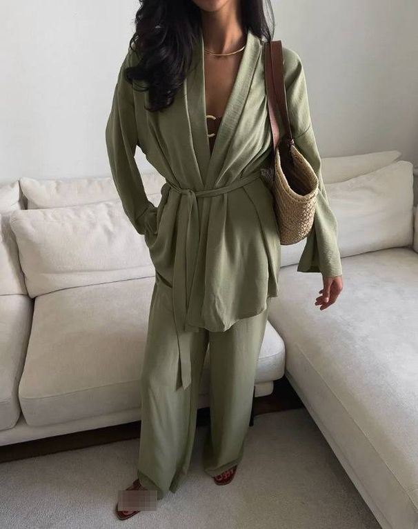 Women's Minimalist Two Piece Set Belted Waist Cardigan & Trousers Fitted Design Casual Autumn Wear_ecoleips.com