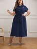 Plus Size Denim Wrap Dress With Belt, Mid-Length Three-Quarter Sleeve Flattering A-Line Dress In Navy_ecoleips.com