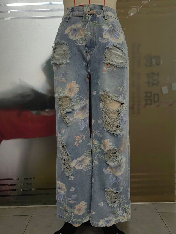 Women's Clothing Spring New Floral Graffiti Print Hole High Waist Loose Straight Jeans_ecoleips.com