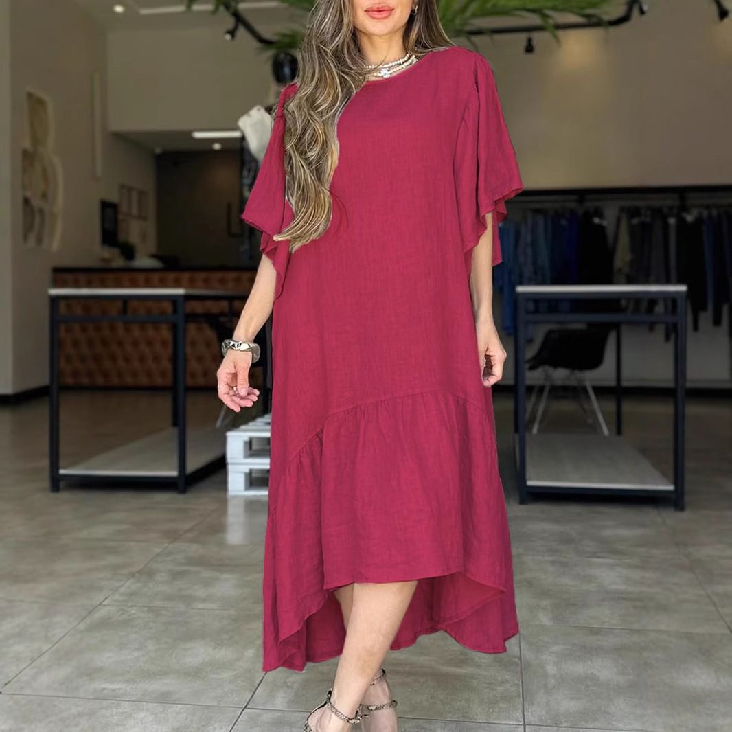 Women's Clothing Women's Summer Style Loose Casual Stitching Solid Color Short Sleeved Cotton And Linen Dress_ecoleips.com