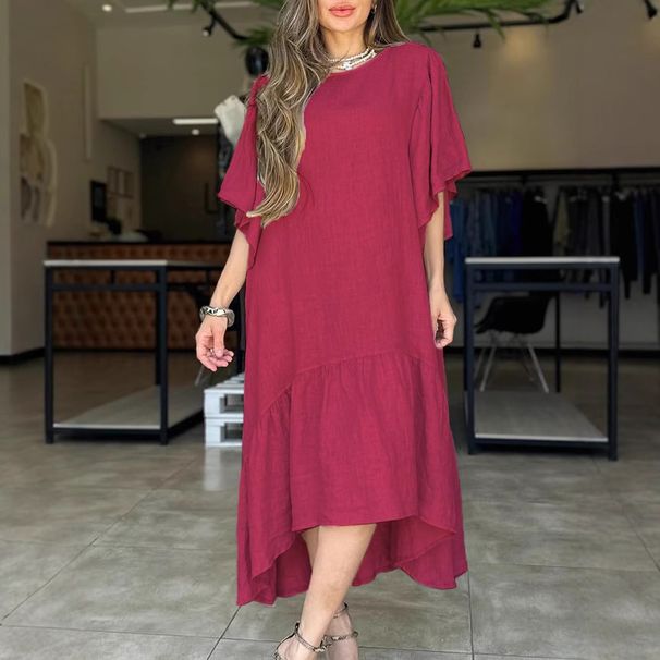 Women's Clothing Women's Summer Style Loose Casual Stitching Solid Color Short Sleeved Cotton And Linen Dress_ecoleips.com