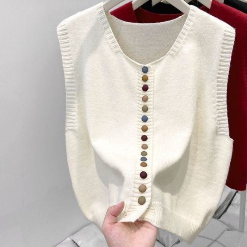 K Fashionable Knitted Vest For Women With Rainbow Buttons; Wear It Over A Sweater._ecoleips.com