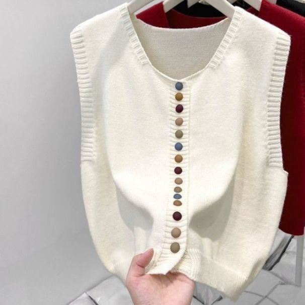 K Fashionable Knitted Vest For Women With Rainbow Buttons; Wear It Over A Sweater._ecoleips.com