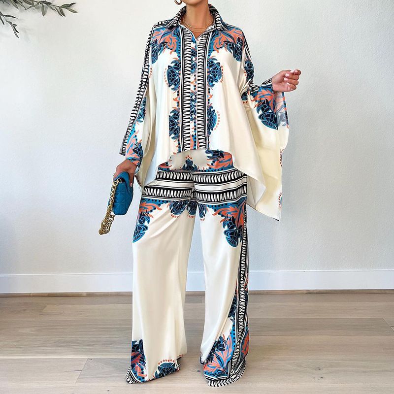 Women's clothing autumn new fashion printed lapel bat sleeve top loose trousers two-piece set_ecoleips.com