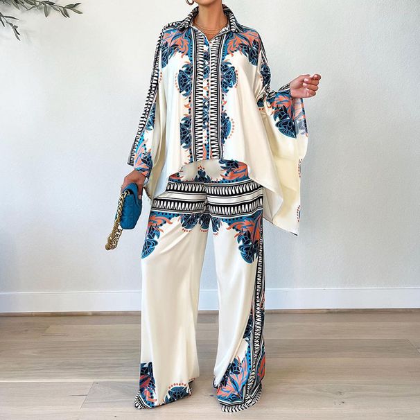 Women's clothing autumn new fashion printed lapel bat sleeve top loose trousers two-piece set_ecoleips.com