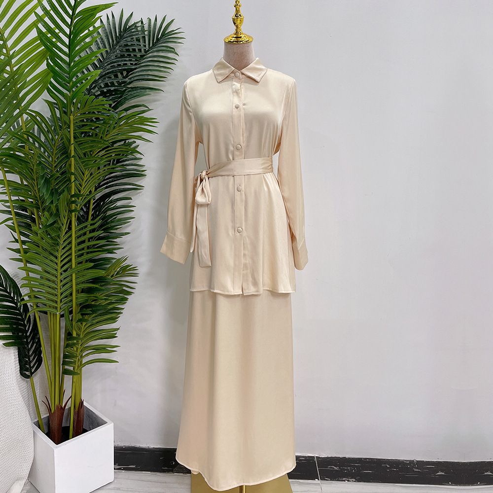 Modest Long Sleeve Top & Maxi Skirt Set – Elegant Tie-Waist Office Outfit For Women, Breathable Poly-Cotton Blend_ecoleips.com