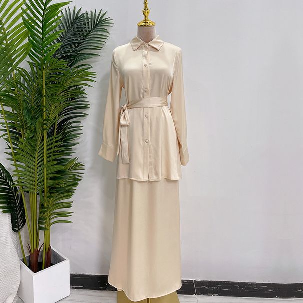 Modest Long Sleeve Top & Maxi Skirt Set – Elegant Tie-Waist Office Outfit For Women, Breathable Poly-Cotton Blend_ecoleips.com