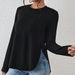 Voya New Women's Loose Casual Round Neck Slit Long Sleeved T-shirt Versatile Top_ecoleips.com