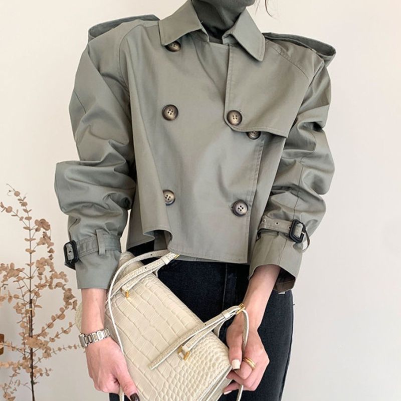 Aria Basics Korean 2026 Spring/Autumn Vintage Lapel Design Double-Breasted Loose Versatile Long-Sleeve Short Trench Coat For Women_ecoleips.com