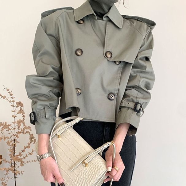Aria Basics Korean 2026 Spring/Autumn Vintage Lapel Design Double-Breasted Loose Versatile Long-Sleeve Short Trench Coat For Women_ecoleips.com