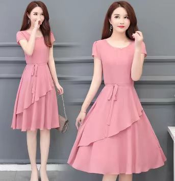 Summer High-End Waist-Cinching Slimming Age-Reducing Slim Fit Elegant Mid-Length A-Line Round Neck Plus Size Loose_ecoleips.com