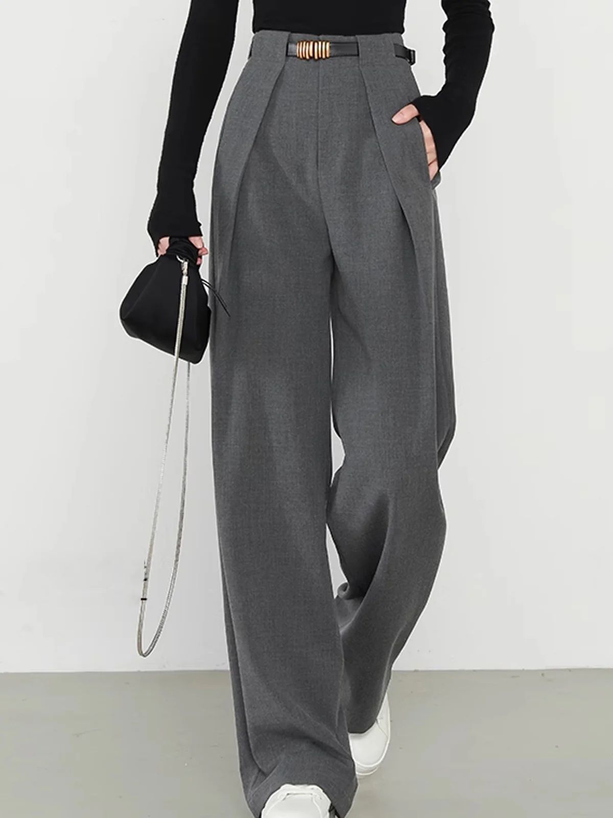 Women's Clothing Lazy Style High End Suit Pants High Waist Loose Wide Leg Pants Fashionable Simple Casual Straight Pants_ecoleips.com