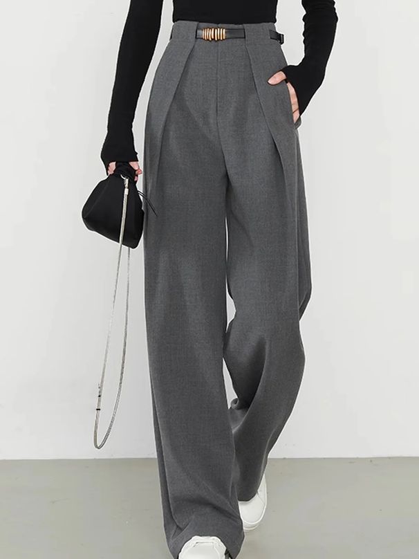 Women's Clothing Lazy Style High End Suit Pants High Waist Loose Wide Leg Pants Fashionable Simple Casual Straight Pants_ecoleips.com