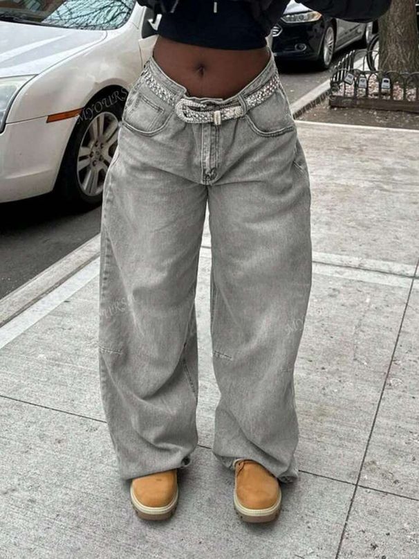 Women's Light Gray Straight Leg Jeans Non-Stretch Washed Retro Spring/Autumn Regular Fit Solid Color Denim_ecoleips.com