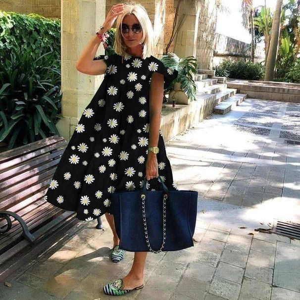 Women's Clothing New Style Daisy Flower Print Short Sleeve Swing Dress_ecoleips.com