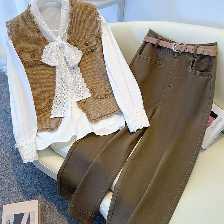 "Elegant Tweed Vest Set – Chic Long-Sleeve Blouse & Matching Pants (S-2XL, Sophisticated Office Wear)"_ecoleips.com
