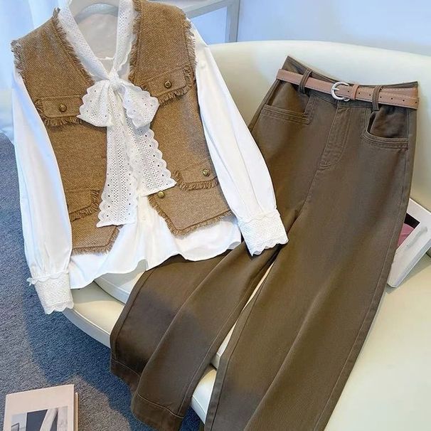 "Elegant Tweed Vest Set – Chic Long-Sleeve Blouse & Matching Pants (S-2XL, Sophisticated Office Wear)"_ecoleips.com