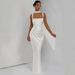 Women's Square Neck Spaghetti Strap Long Dress Solid Color Slim Fit Pleated Waist Fishtail Skirt Ribbon Ties_ecoleips.com
