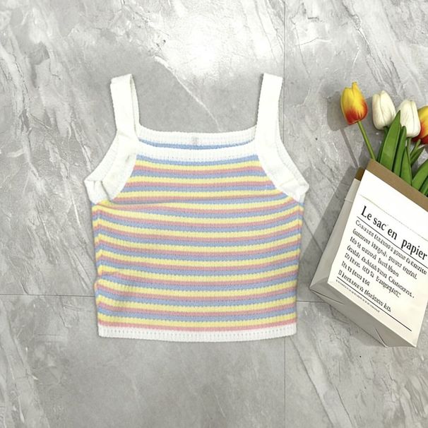 Spring Summer New Style Rainbow Striped French-style Colorful Sweet And Spicy Slim-fit Knitted Short Camisole Top For_ecoleips.com
