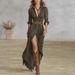 Women's French Vintage V Neck Ruched Waist Button Front Side Slit Long Sleeve Maxi Dress – Elegant Casual Flowy Gown_ecoleips.com