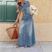 Chic Washable Denim Maxi Dress For Teens, Sleeveless Shirtdress With High Waist And Off-Shoulder Design For Casual Outings_ecoleips.com