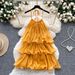 Elegant Yellow Floral French-Inspired Halter Neck Dress With Ruffled Hem & Tiered Skirt For Summer Vacation_ecoleips.com