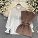 Women's Clothing Temperament Fashion Suit Female Casual Loose Long Sleeved Shirt + Waist V Neck Sleeveless Knitted Vest Two Piece Suit_ecoleips.com