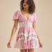 Women's Clothing New French Retro Blue And White Porcelain Floral Lace Splicing V Neck Waist Bubble Short Sleeve Dress_ecoleips.com