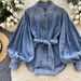 Women's Clothing Retro Mature Strap Waist Stand Collar Lantern Sleeve Denim Shirt Sense Versatile Slimming Women's Tops_ecoleips.com