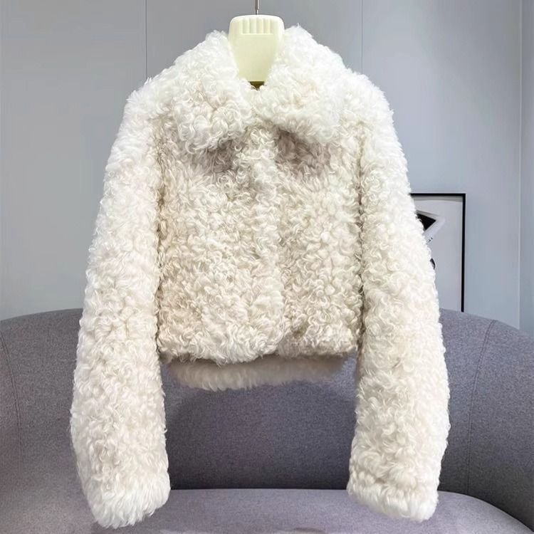 Women's Faux Shearling Jacket – Winter Short Puffer Coat With Fur Collar (White/Mauve, S/M/L)_ecoleips.com