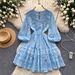 Women's French Style Lace V-Neck Dress – Elegant Long Sleeve, Single Breasted & Puffy Design (Yellow/White/Blue/Black, M/L/XL)_ecoleips.com