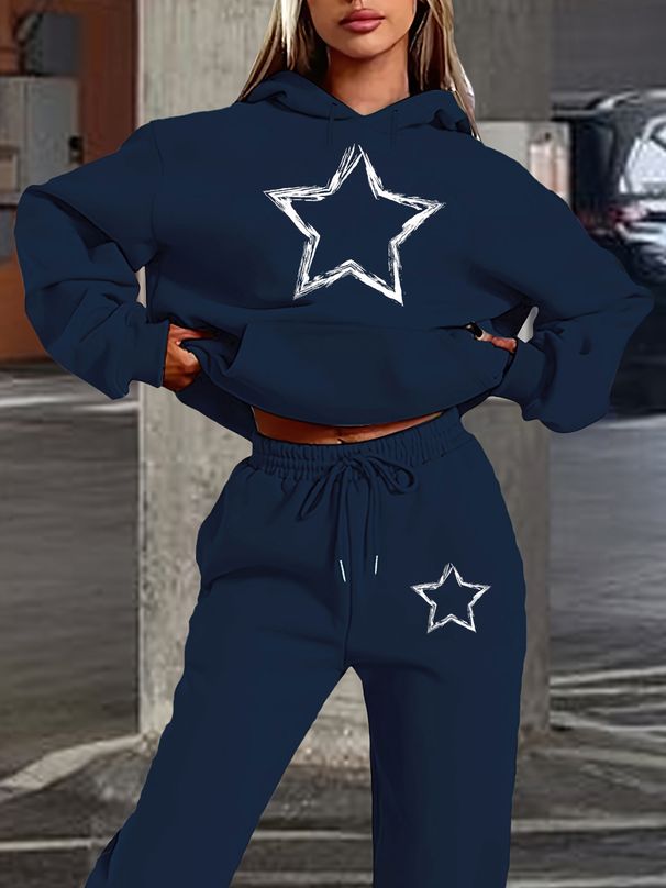 Women's Autumn And Winter Fashionable Casual Star Pattern Printed Thick Velvet Warm Hooded Sweatshirt+sports Pants Set-762_ecoleips.com
