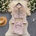 Luxury Embellished Sequin & Beaded Cardigan Set With Mini Skirt - Elegant Office Wear For Women | Pink & Beige | S/M/L/Xl_ecoleips.com