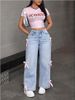 Women's Clothing Women's Bow Detail Straight Leg Jeans - High Waist Loose Wide Leg Pants For Casual Streetwear (Light Blue/ Dark Blue, Sizes 27-30)_ecoleips.com