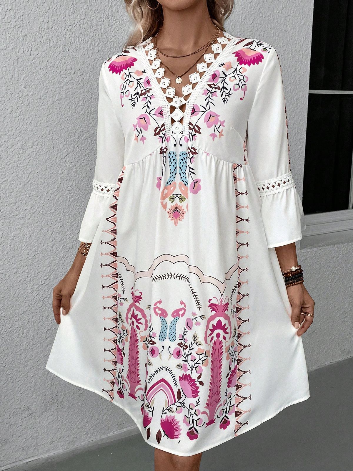 Elegant V-Neck Floral Print Casual Dress Lace Trim Summer Boho Chic Sleeve Blouse for Women Black Red Rose Beige S-5XL_ecoleips.com