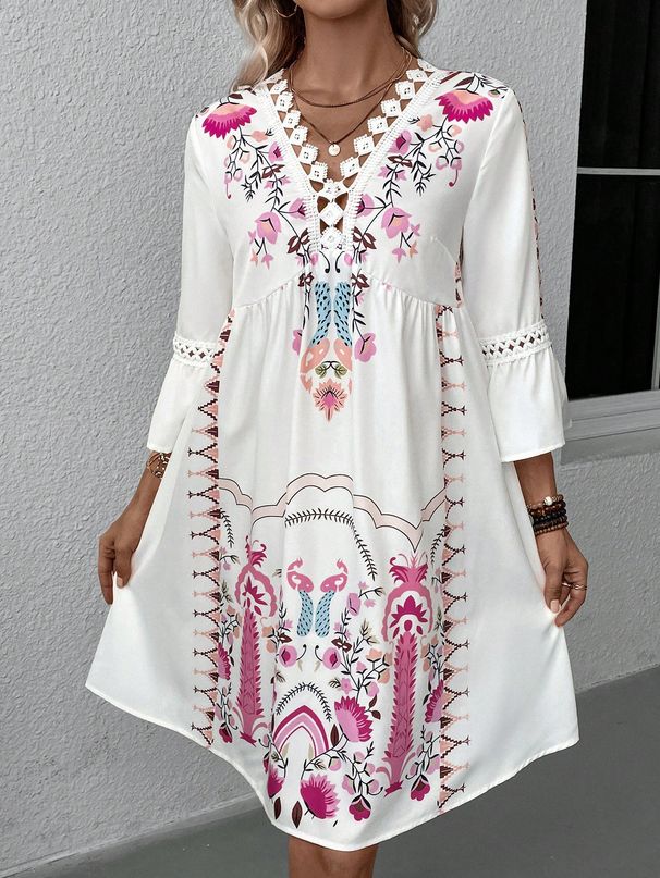 Elegant V-Neck Floral Print Casual Dress Lace Trim Summer Boho Chic Sleeve Blouse for Women Black Red Rose Beige S-5XL_ecoleips.com