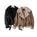 Women's Large Lapel Thick Motorcycle Suede Black Coffee Fur All-in-one Coat_ecoleips.com