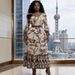 Women's V-Neck Slimming Dress Pleated Waist Long Sleeve Printed Style For Vacation Long Skirt_ecoleips.com