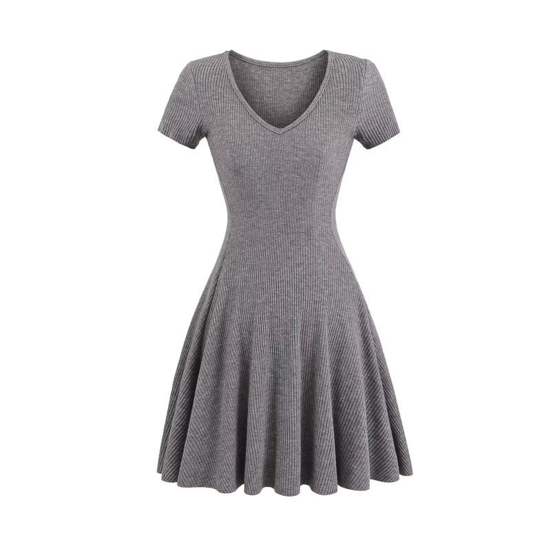 Women's Clothing Pure Desire Style Spring New Hot Girl Sexy V Neck Short Sleeved A Line Short Skirt Female Style Solid Color Slim Dress_ecoleips.com